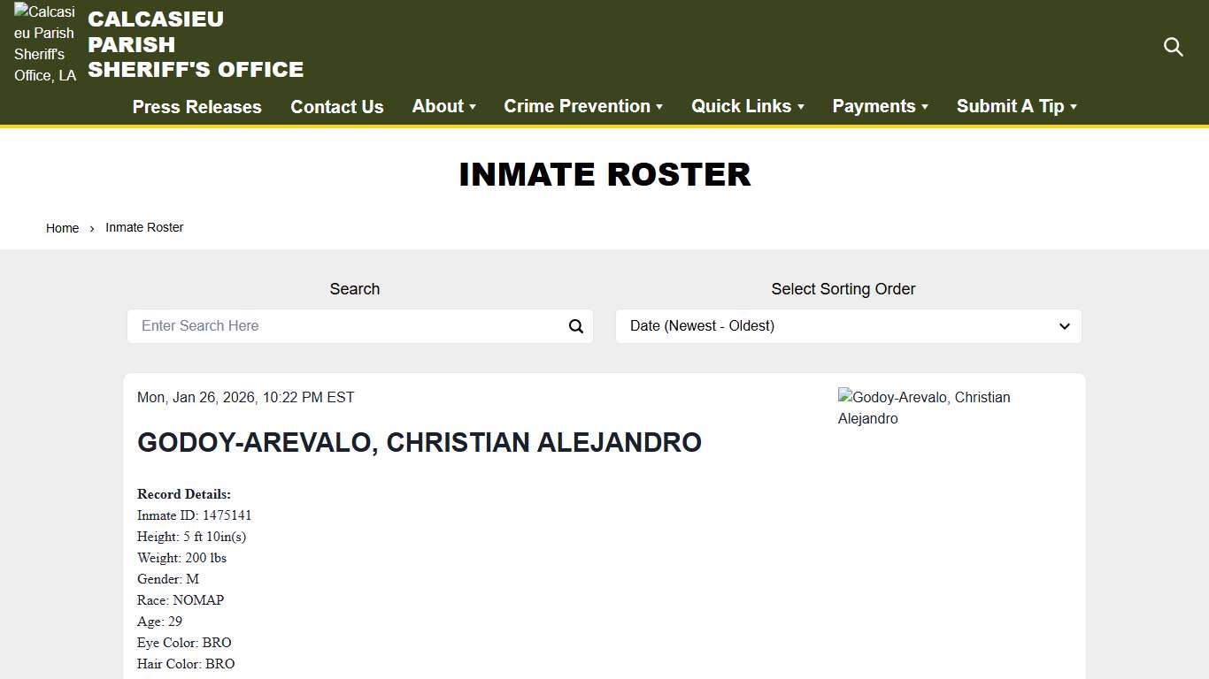Inmate Roster Calcasieu Parish Sheriff's Office, LA